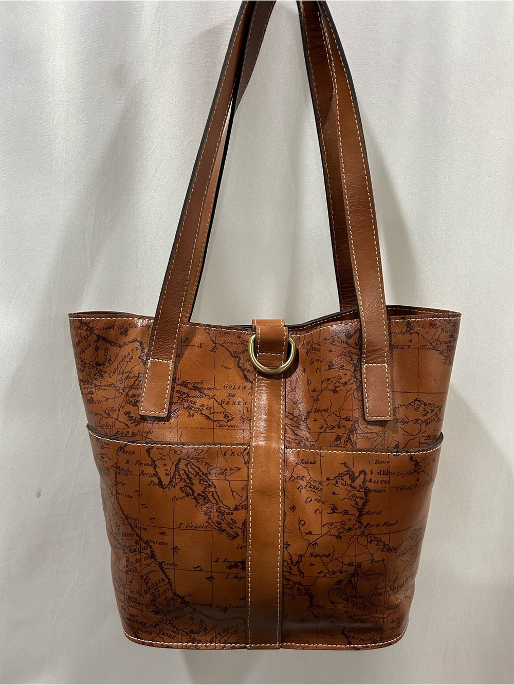 Patricia Nash Espelette Brown Map-Print Leather Tote EUC